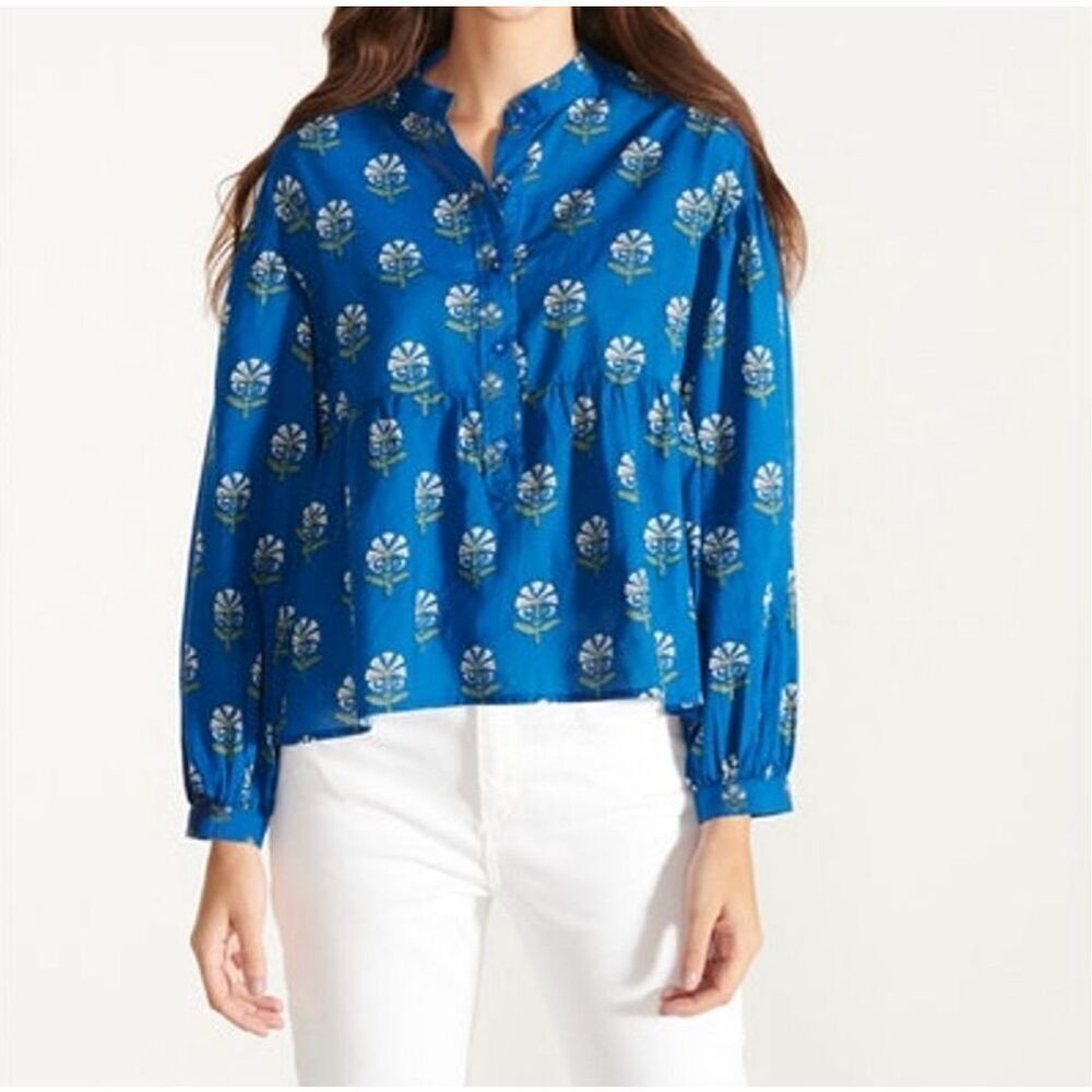 Ro's Garden Boho Womens Floral Print Indira Blue Justin Oversized Shirt XS